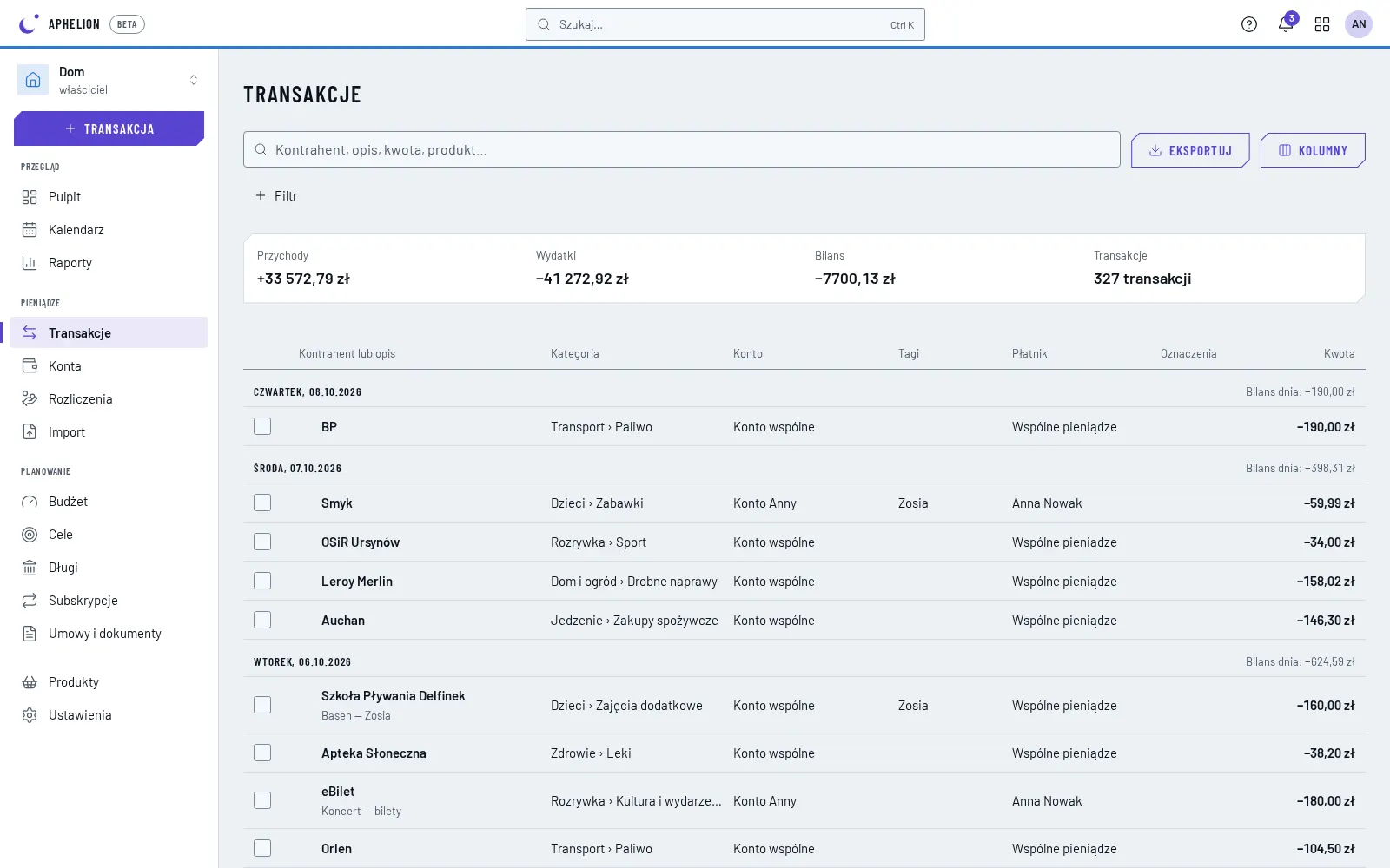 Lista transakcji gospodarstwa „Dom”