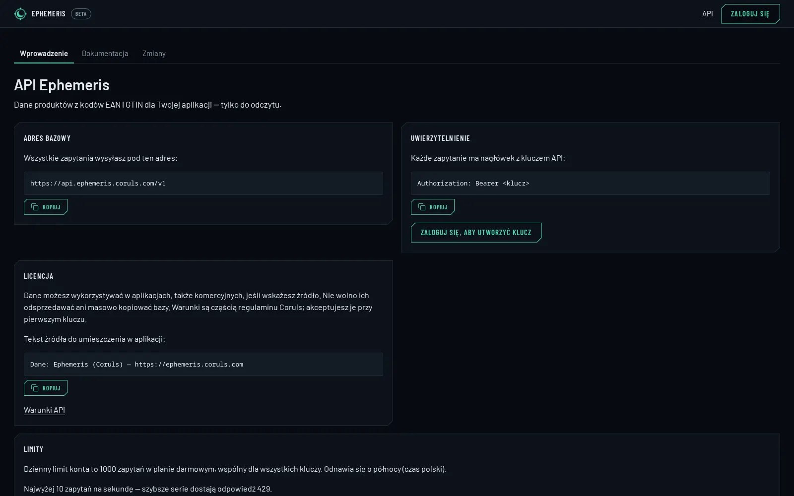 Portal API Ephemeris dla deweloperów