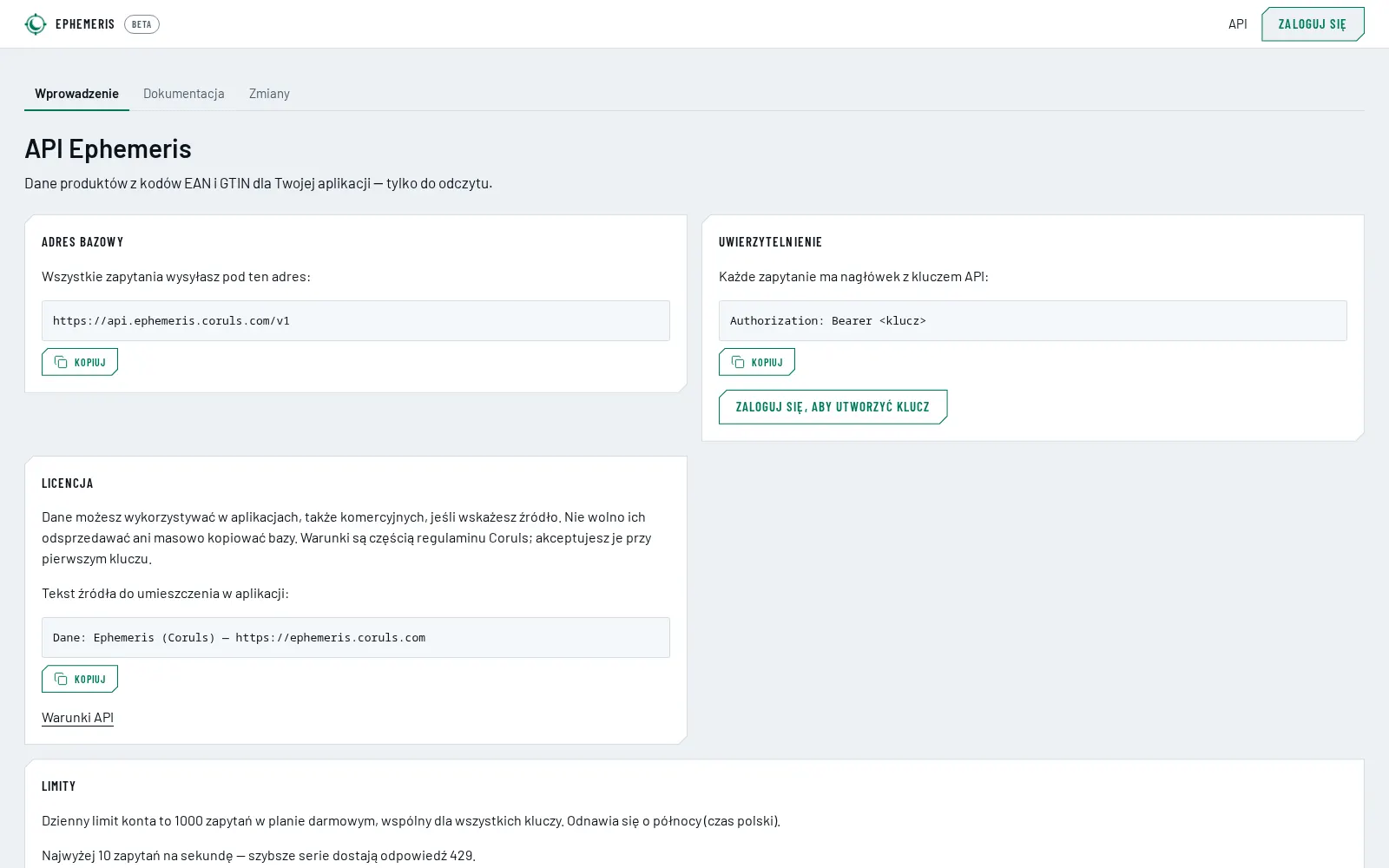 Portal API Ephemeris dla deweloperów